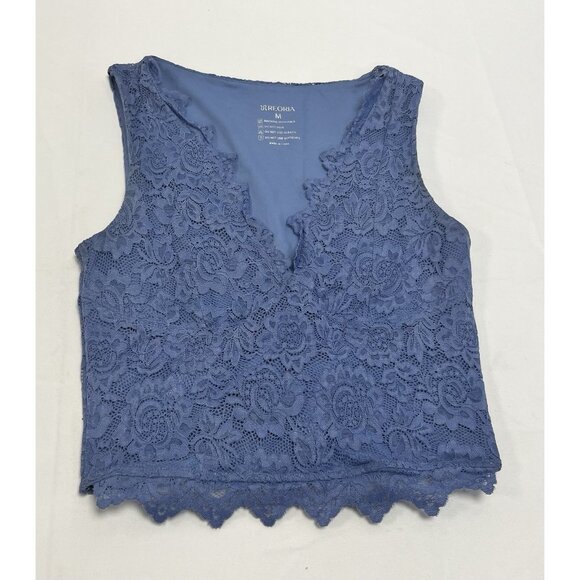 Reoria Blue Cropped Tank Top Lace Overlay Size M Small V Neck 💙 - Picture 2 of 5